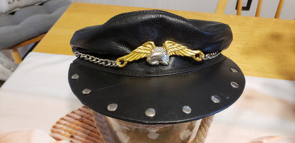 Black Leather Hat w/ chain, studs and flying eagle