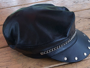 Black Premium Leather Biker Hat with chain